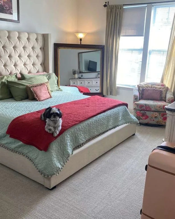 The same bedroom made up, with the family dog on the bed.